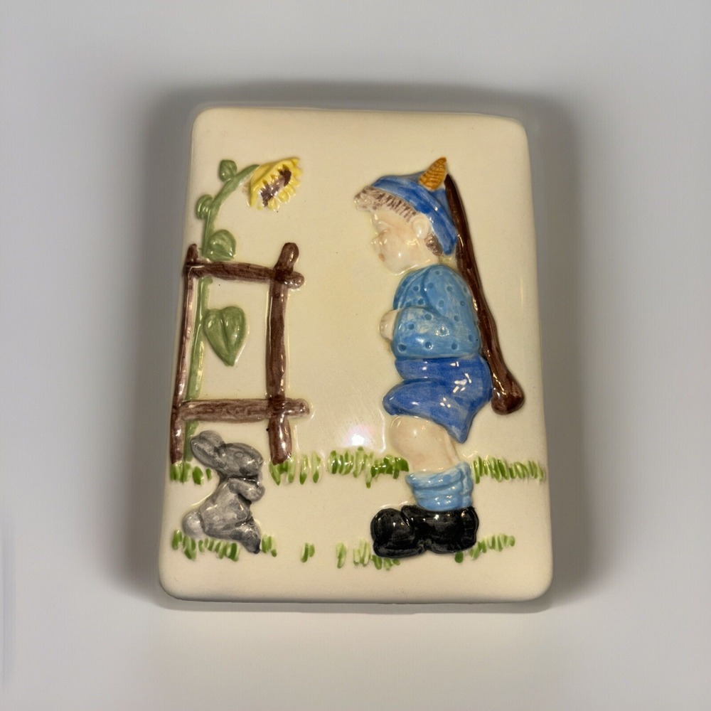 Vintage 1970's Ceramic HOLLAND MOLD Trinket Box Boy Rabbit Sunflower
